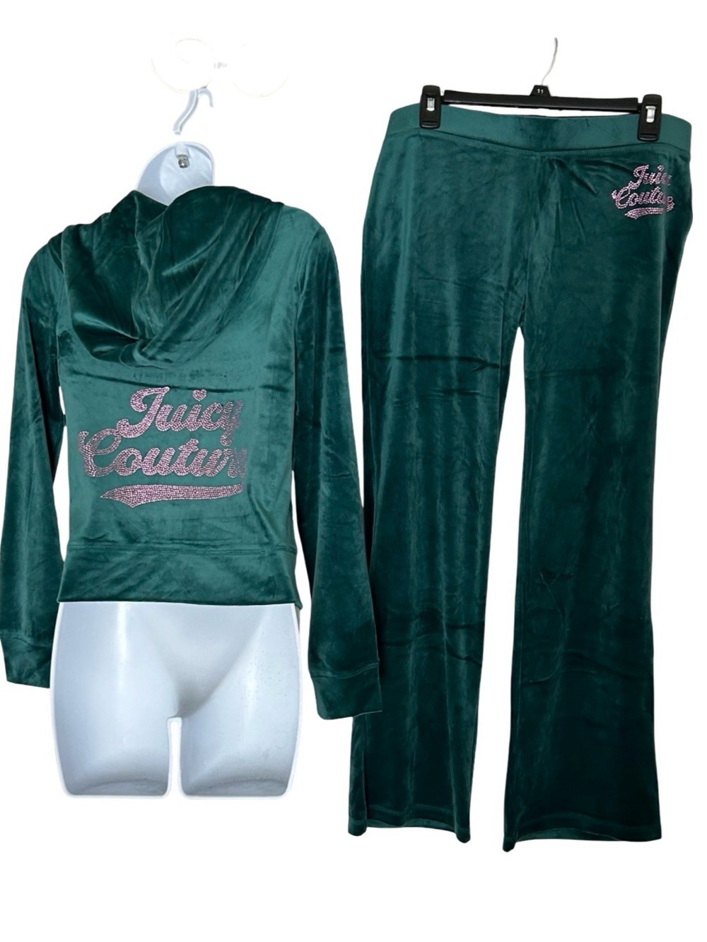 JUICY COUTURE RAIN FOREST GREEN BLING PINK RHINESTONE VELOUR TRACKSUIT SWEATSUIT